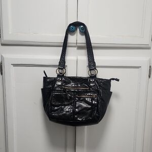 Black Leatherette Tote Bag with Front Pockets - Unbranded